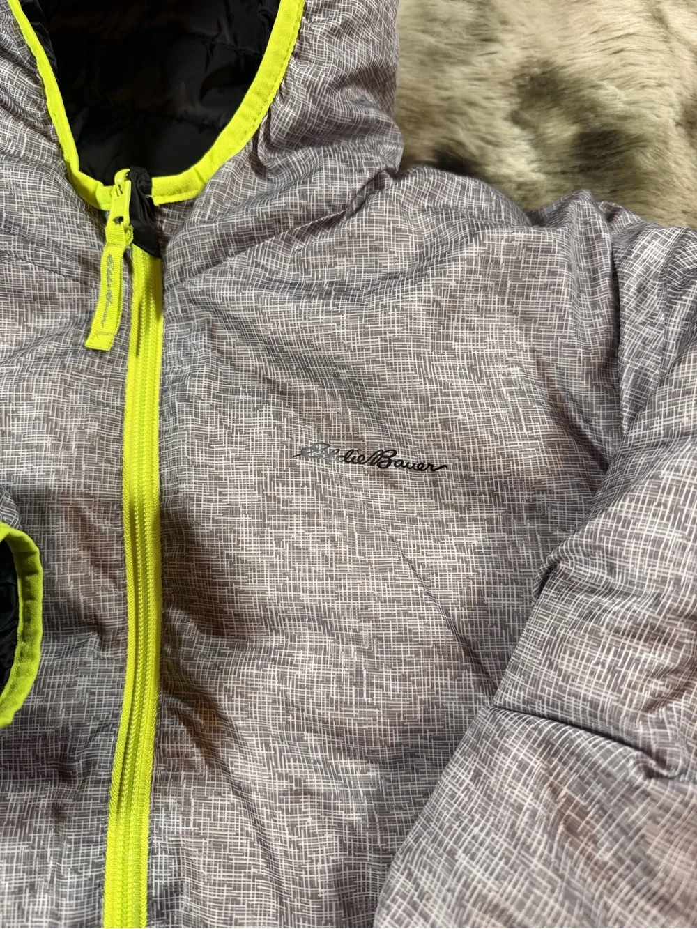Eddie Bauer Kids L (14/16) Reversible Hooded Puffer Jacket - Black, Gray, & Neon